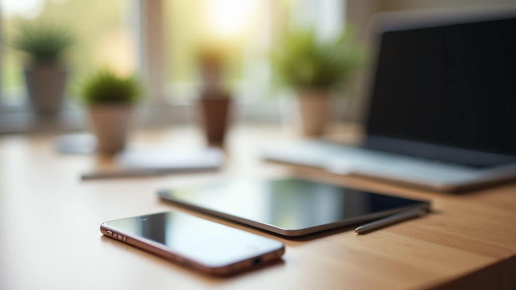 Smartphone, tablet e computador portátil sobre uma secretária moderna com sincronização ativa