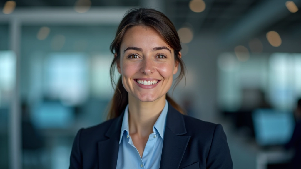 Especialista em casa inteligente, mulher de 32 anos em blazer azul, ambiente de laborátório tech