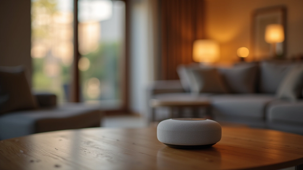 Assistente de voz inteligente sobre uma mesa de sala de estar moderna