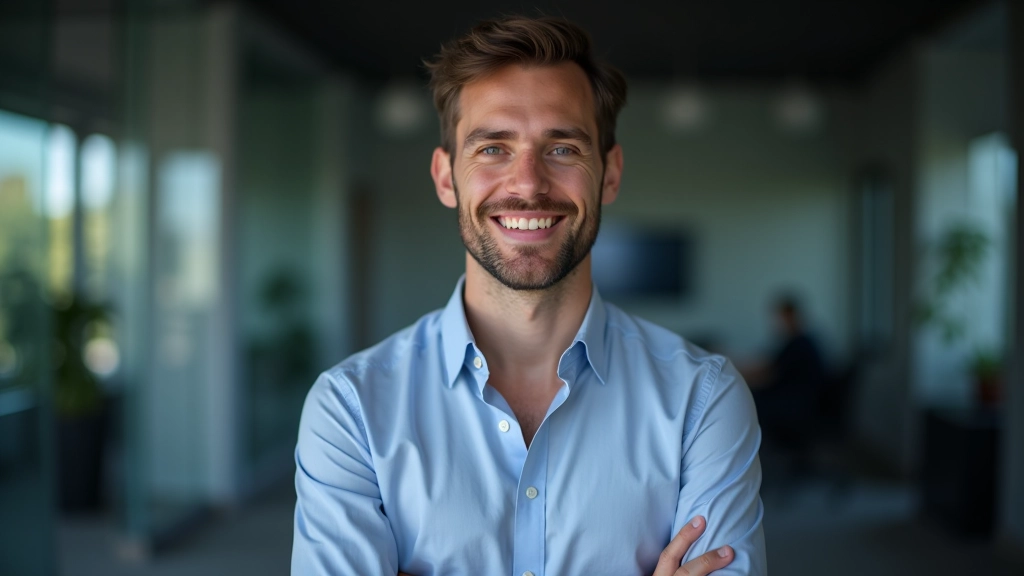 Especialista em tecnologia móvel, homem de 35 anos em camiseta clara, fundo de escritório moderno