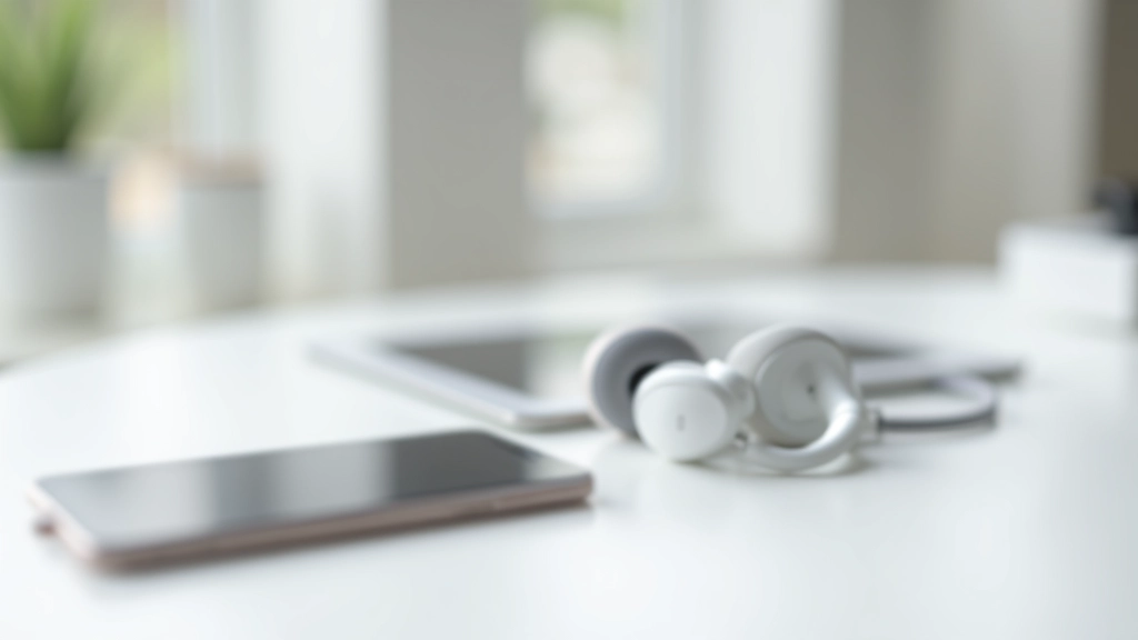 Auriculares Bluetooth ao lado de um telemóvel em cima de uma mesa